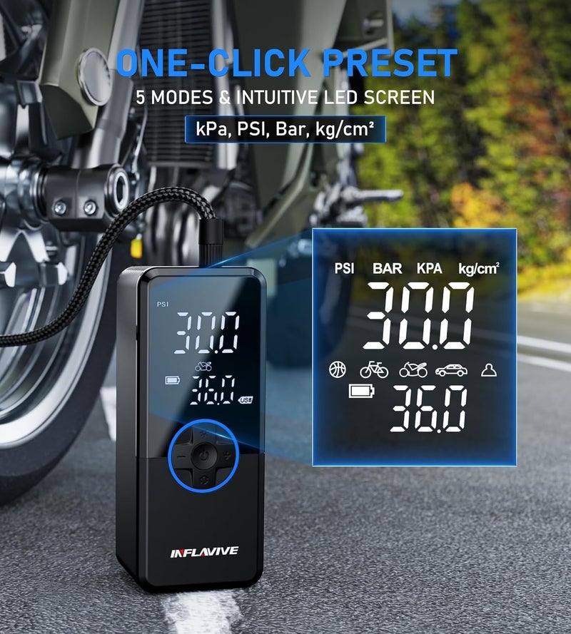 InflaVive Tire Inflator Portable Air Compressor,150PSI Faster Inflation Cordless Tire Air Pump with Digital Gauge,Auto Shut-Off,LED Light,Electric Air Pump for Car Tires,SUV, Motorcycle, Bike, Balls（Blue) - Image 4